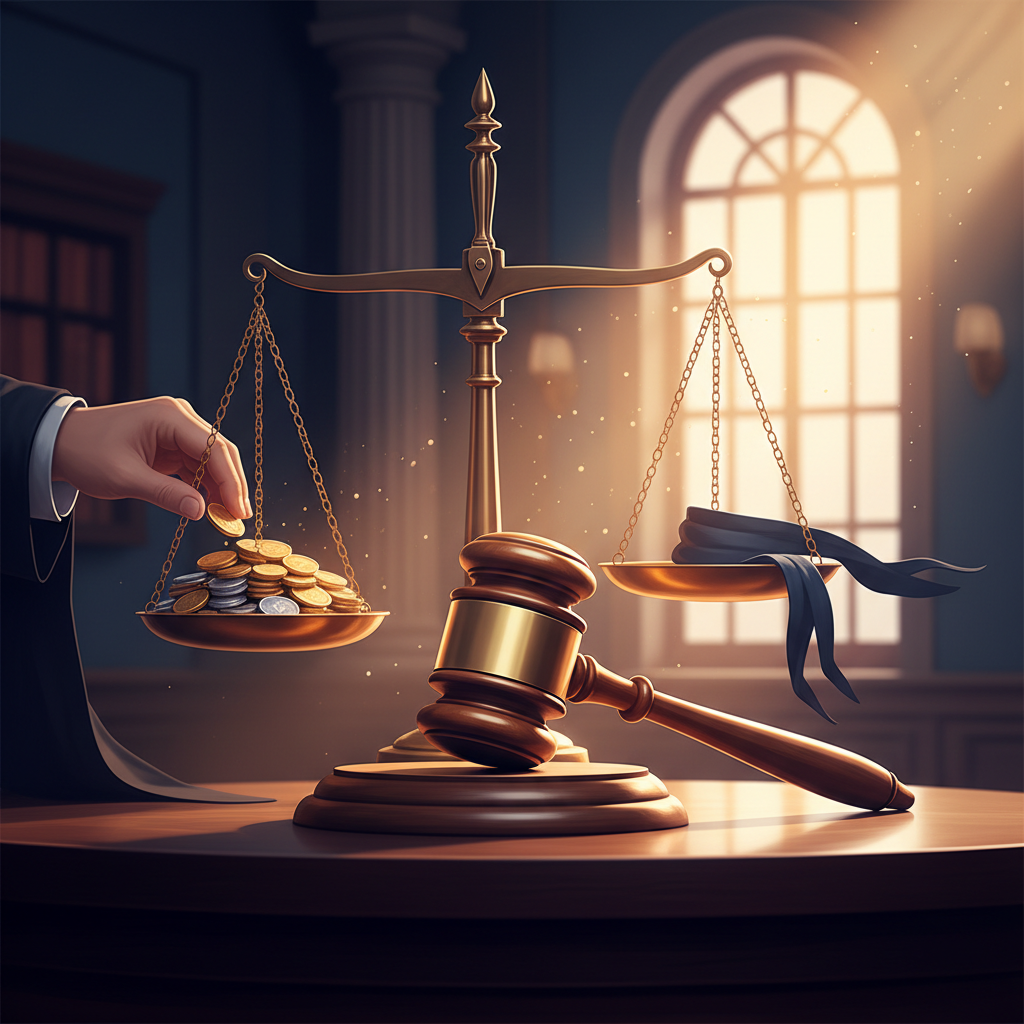 Ilustração da balança da justiça desequilibrada por moedas, representando a crise no TST de 2026 e o conflito de interesses nas aulas pagas dos ministros.