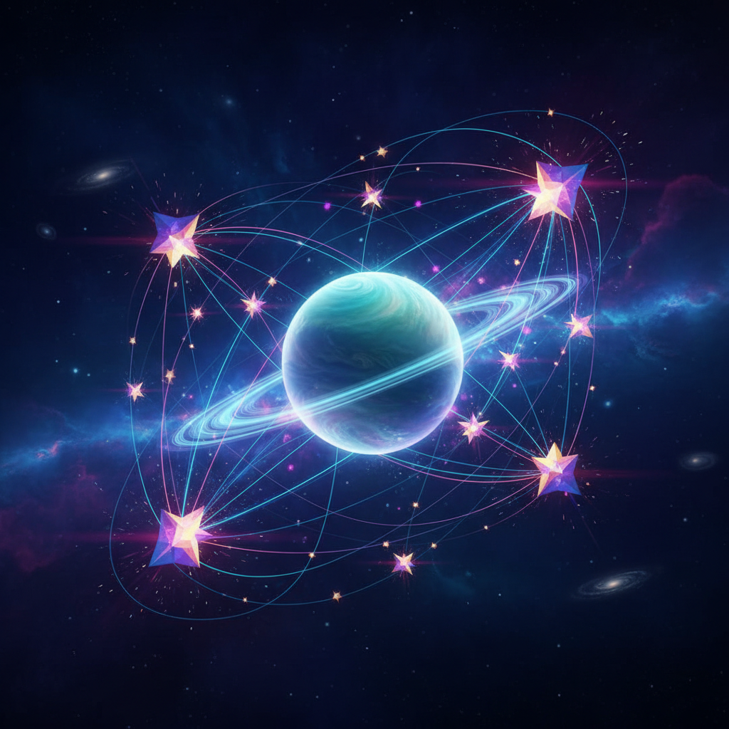 Representação artística do planeta Urano e da constelação de Gêmeos com feixes de luz representando dados e conexões digitais.