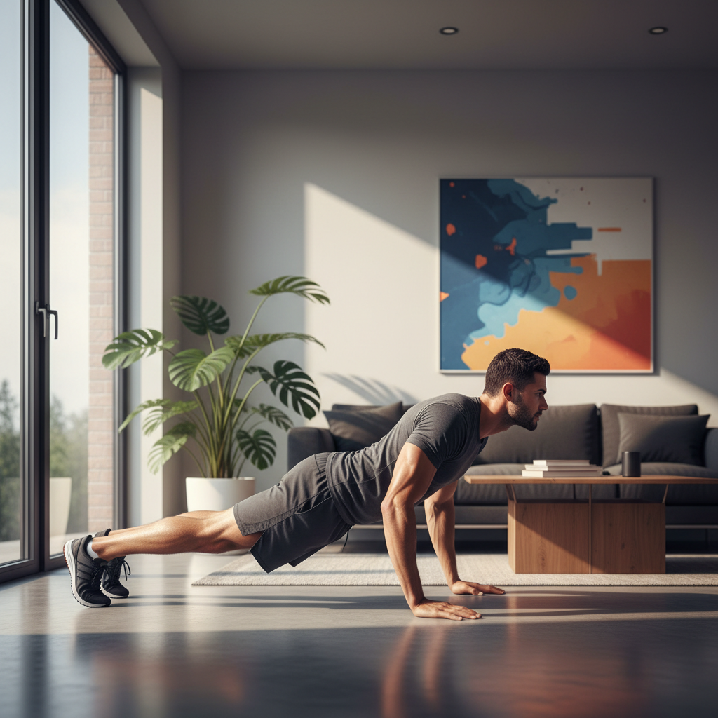 Homem fazendo treino em casa para homens para ganhar músculos em 20 minutos.