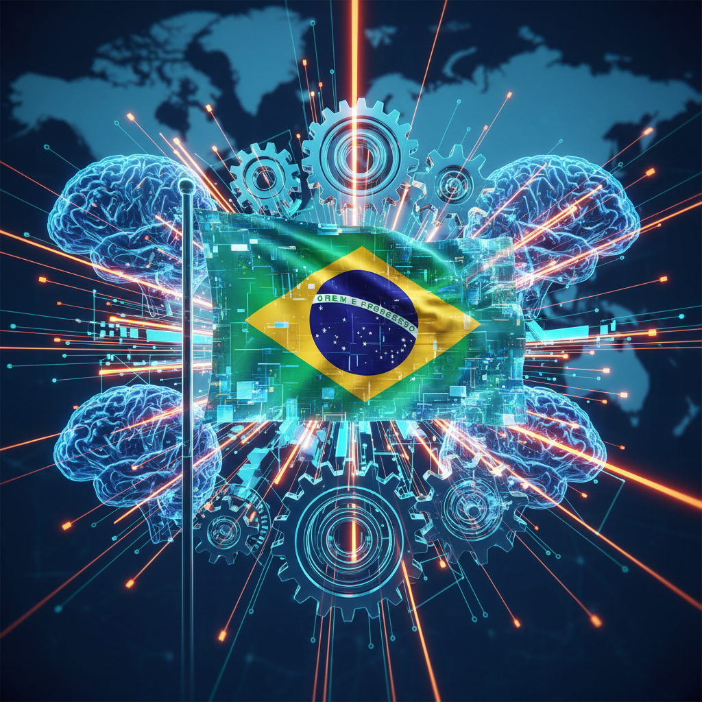 Representação de inteligência artificial processando dados e destacando uma empresa brasileira