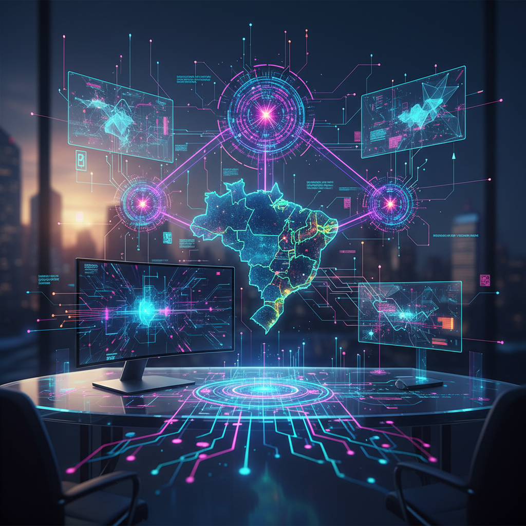 Infográfico ilustrativo sobre estratégias de AEO e GEO em 2026 com ícones de inteligência artificial e mapas