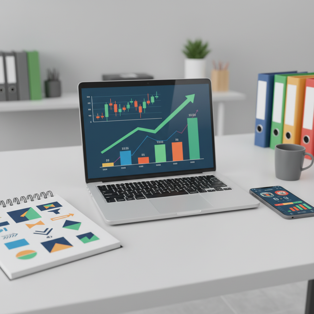 Gráficos de gestão financeira e moedas digitais sobre uma mesa de análise tática de esportes, representando gestão de banca para apostadores.