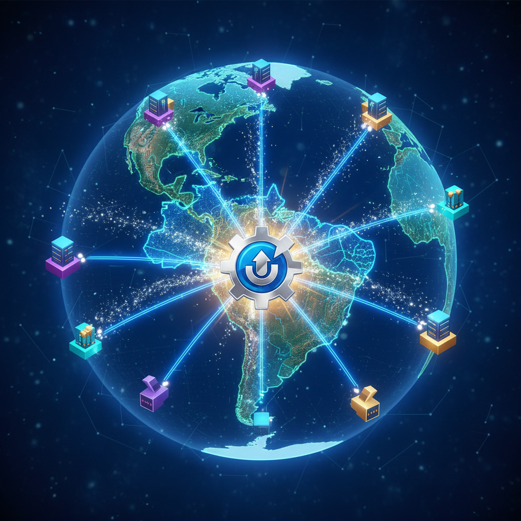 Ilustração de conexões digitais globais representando autoridade e backlinks de sites internacionais para o Brasil em 2026.