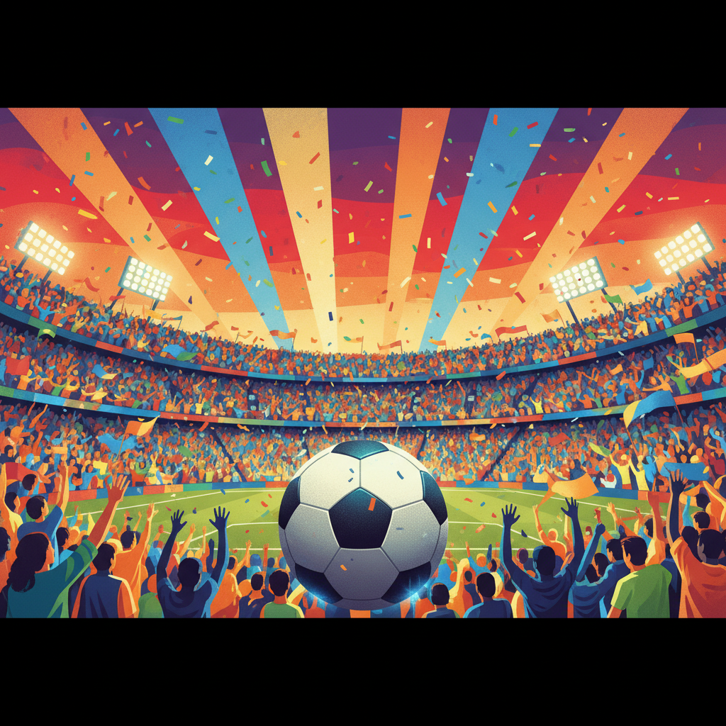 Estádio de futebol lotado com torcedores vibrantes e bola de futebol em primeiro plano, simbolizando a Copa do Mundo 2026.