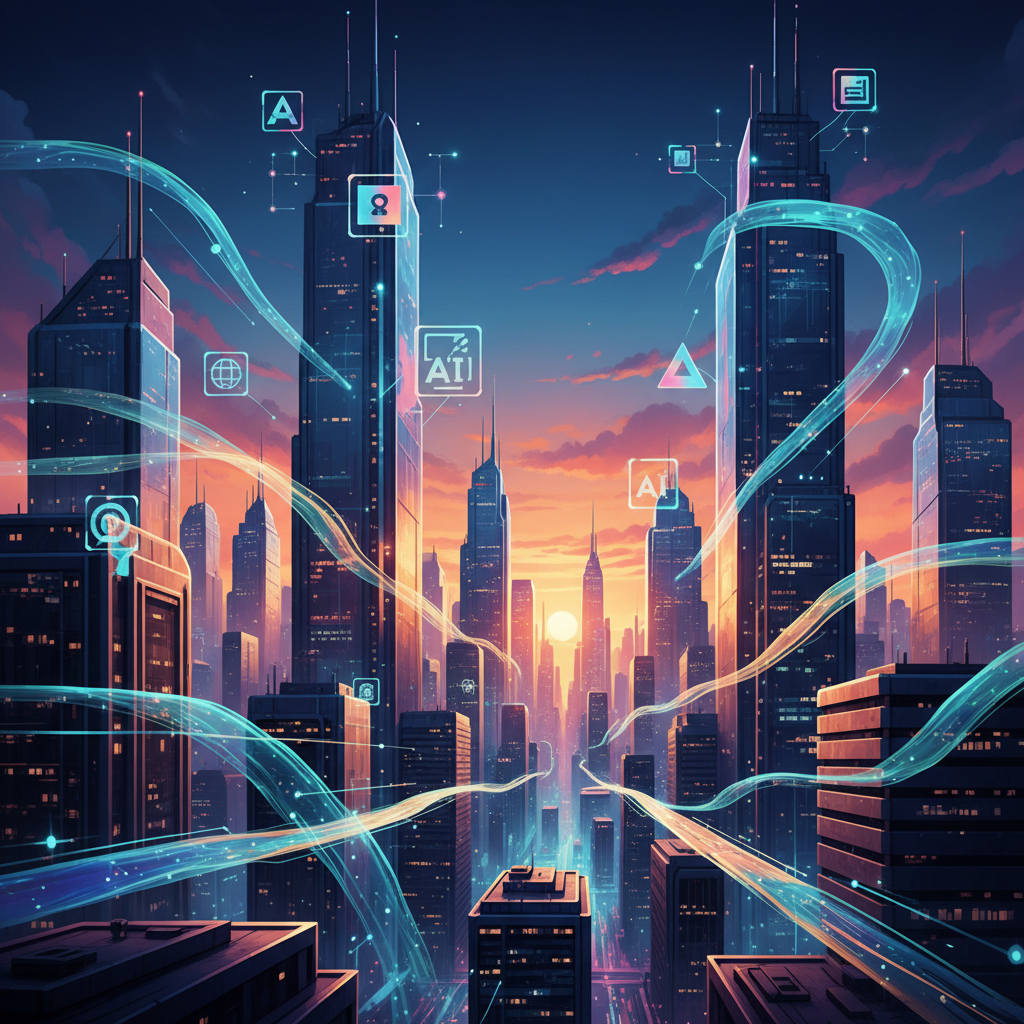 Paisagem urbana futurista com símbolos de IA e dados, ilustrando a otimização de SEO, GEO e AEO em 2026 com BlogAI