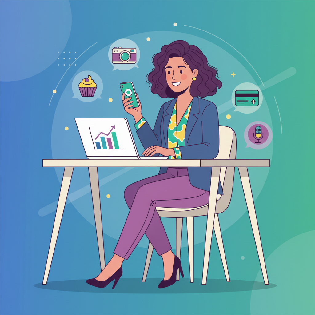 Ilustração de uma mulher brasileira organizada em seu home office utilizando notebook e smartphone para gerir sua renda extra em 2026
