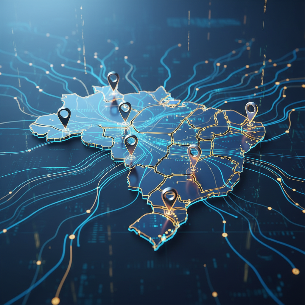 Infográfico estilizado representando a conexão entre inteligência artificial, geoprocessamento e busca digital em 2026.