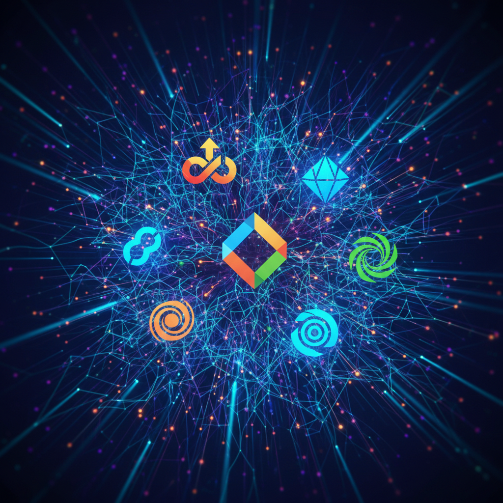 Ilustração abstrata de redes neurais interconectadas, com logos de empresas brilhando, simbolizando a recomendação de IA a negócios online.