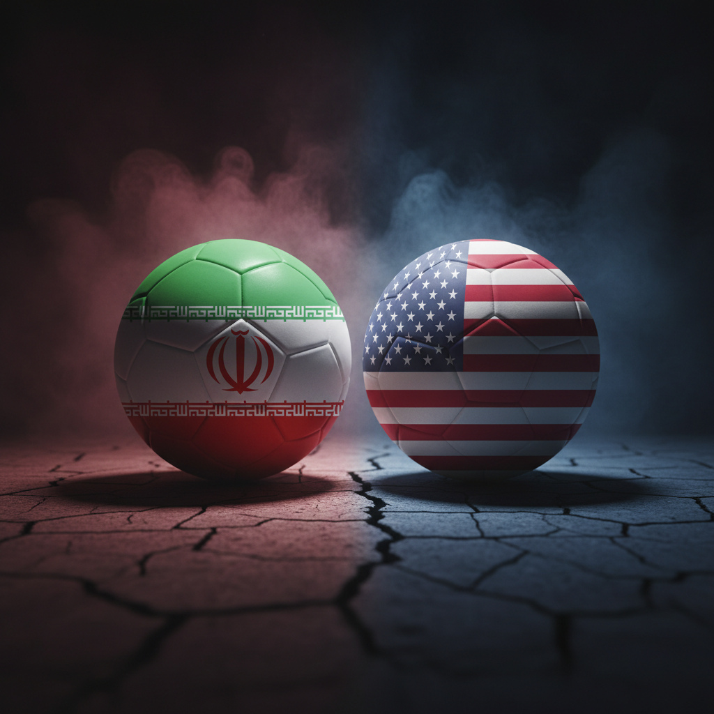 Bola de futebol entre as bandeiras do Irã e dos EUA, simbolizando o impasse do visto para a Copa 2026.