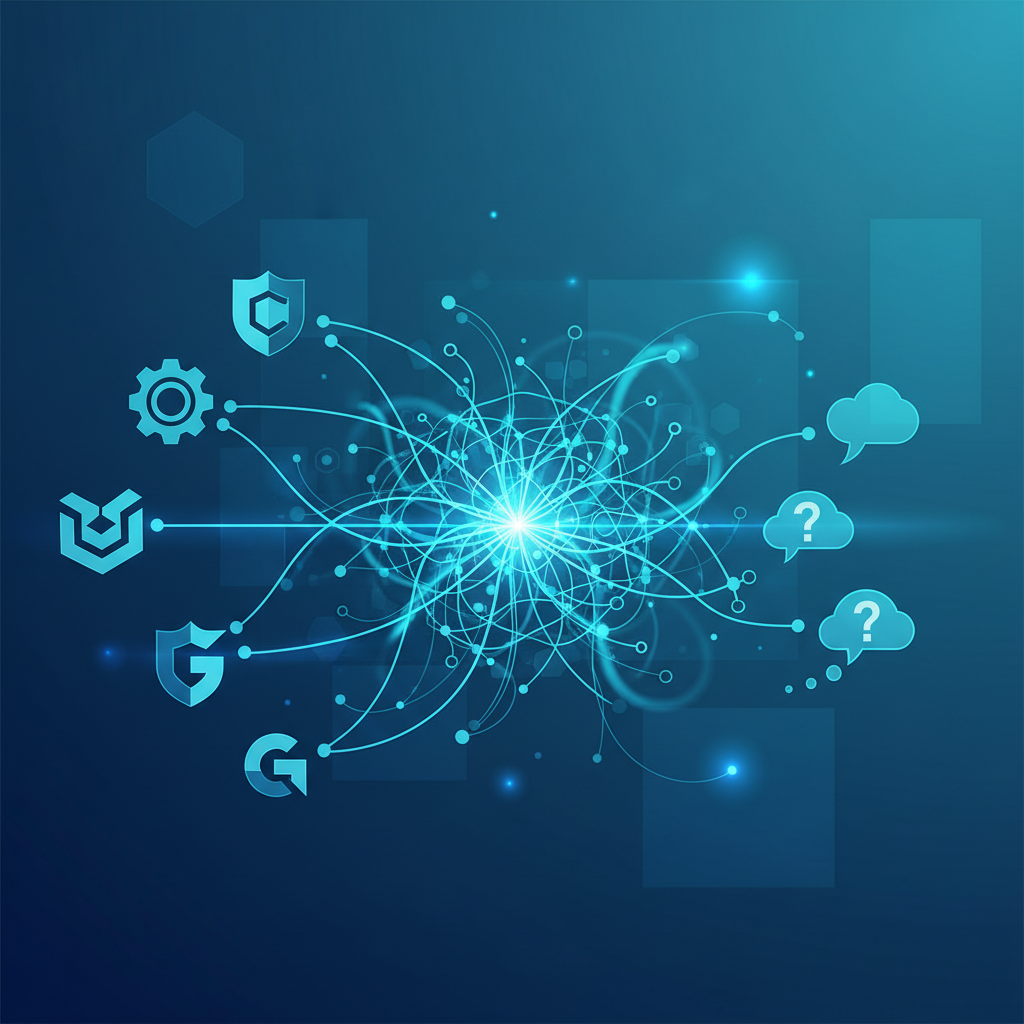 Ilustração de uma rede neural conectando a pergunta de um usuário à marca de uma empresa, representando como fazer la IA recomendar sua empresa com AEO e GEO.