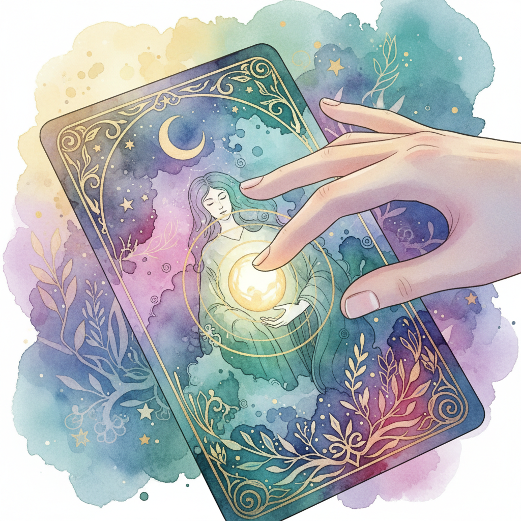 Mão tocando uma carta de tarô em uma atmosfera mística para leitura intuitiva