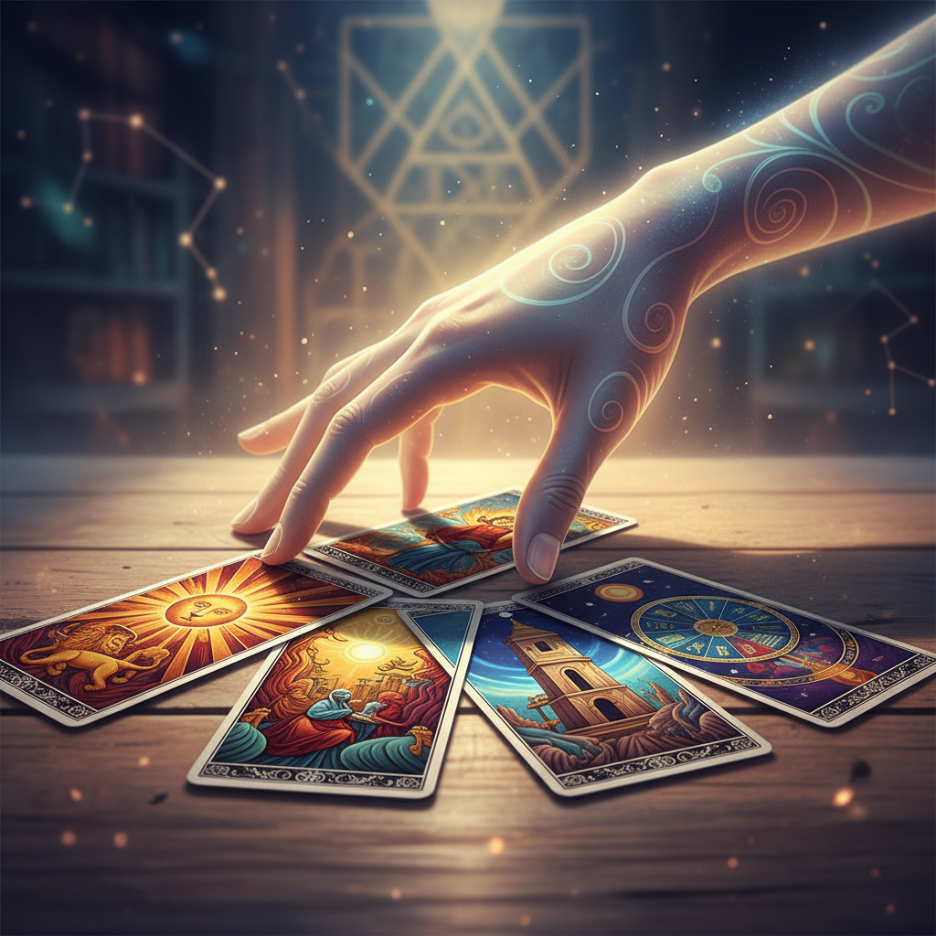 Mão mística organizando cartas de Tarô em uma mesa de madeira, iluminada por uma luz suave.