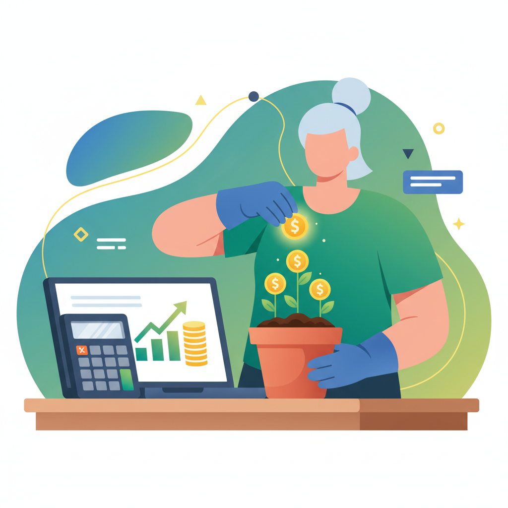 Pessoa plantando sementes de dinheiro em um vaso, com calculadora e laptop, simbolizando o início de uma renda extra e crescimento financeiro.