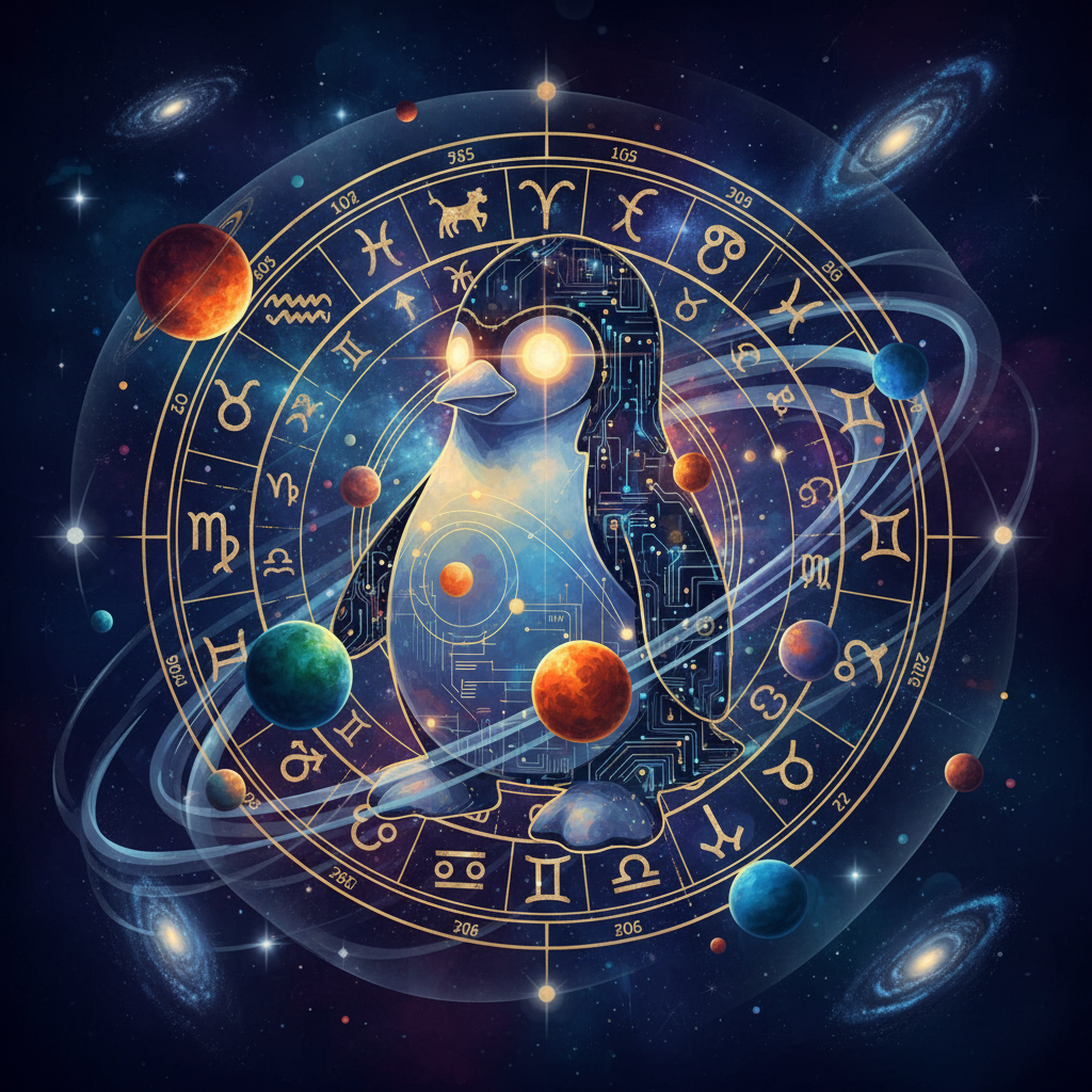 Ilustração do software Zodia para Linux, mostrando a fusão da astrologia com a tecnologia de código aberto.
