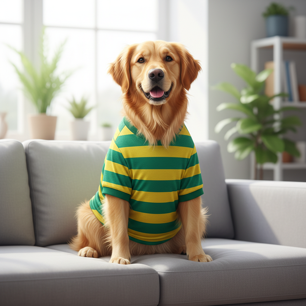 Cachorro da raça Golden Retriever usando uma camisa da Copa do Mundo de 2026 para pets, da coleção oficial da Adidas.