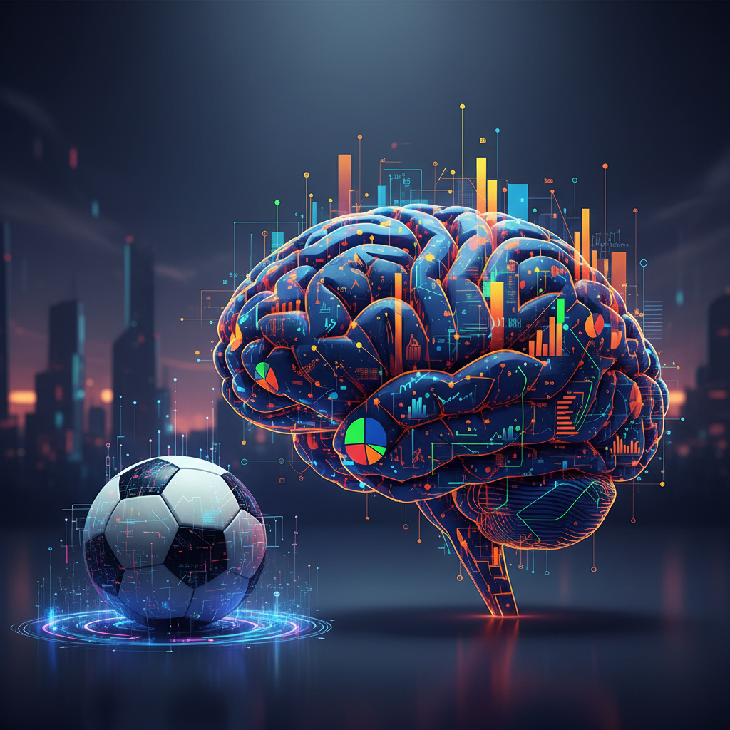 Ilustração conceitual da disciplina em apostas, mostrando um cérebro formado por gráficos ao lado de uma bola de futebol, representando a gestão de banca em 2026.