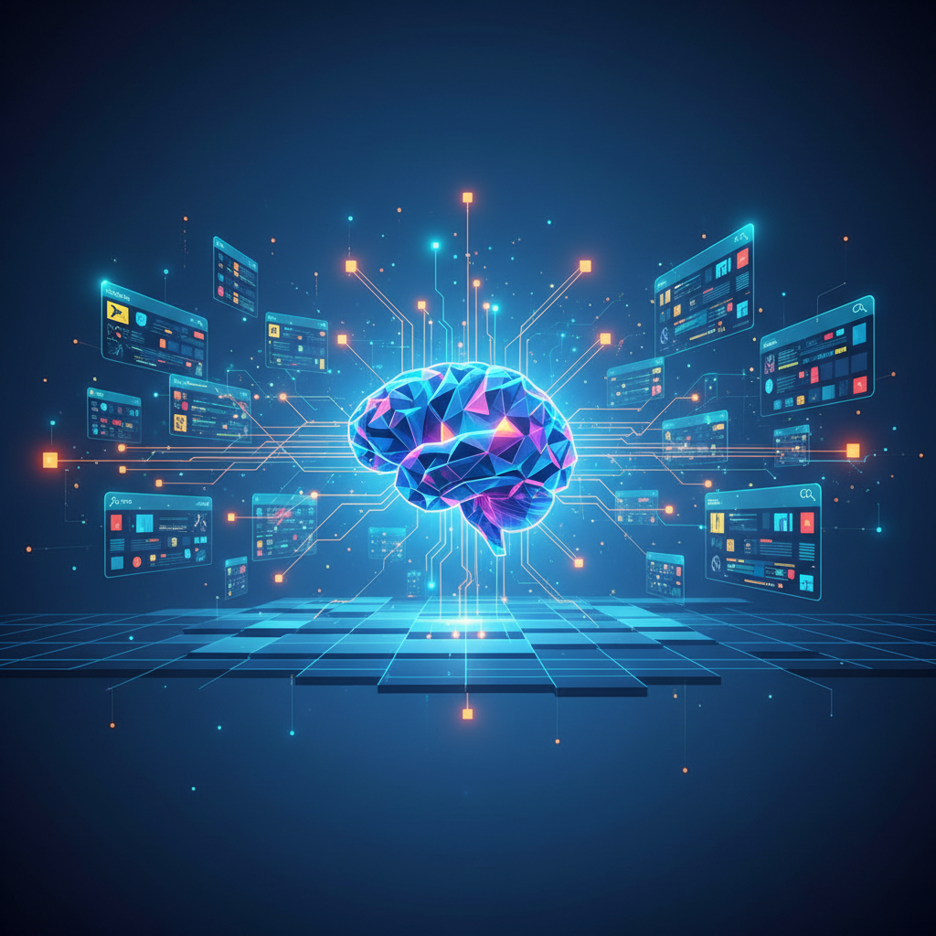 Representação futurista de inteligência artificial e otimização para motores de busca em 2026