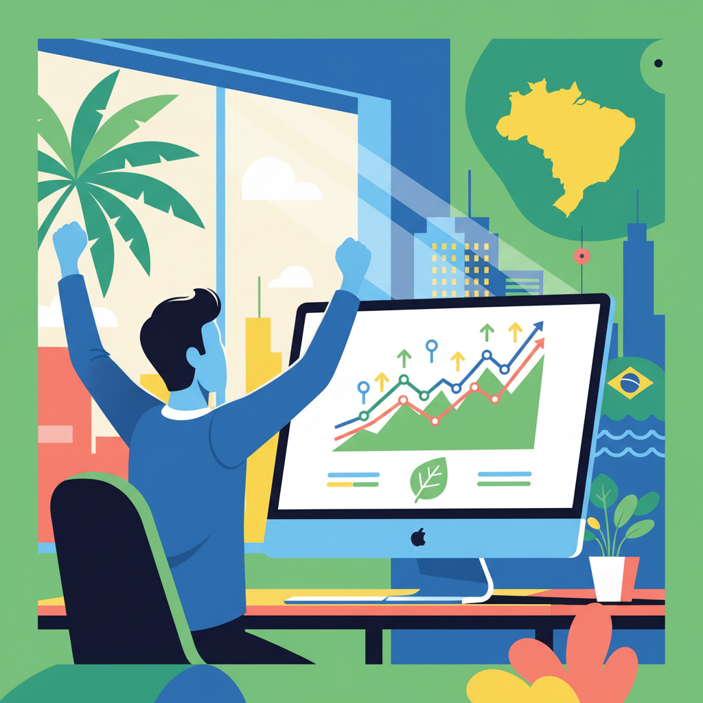 Empresário brasileiro de PME satisfeito com o aumento do tráfego orgânico em seu site