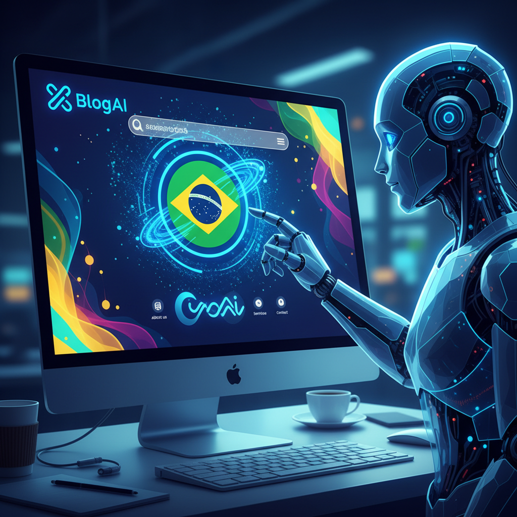 Tela de computador com chatbot de IA recomendando site de empresa brasileira, ícone do BlogAI discretamente visível