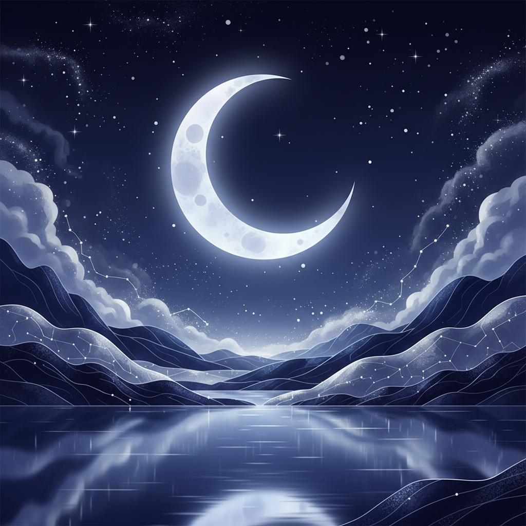 Ilustração artística da Lua cheia brilhando sobre um oceano calmo, representando a influência lunar nos nascidos na segunda-feira.