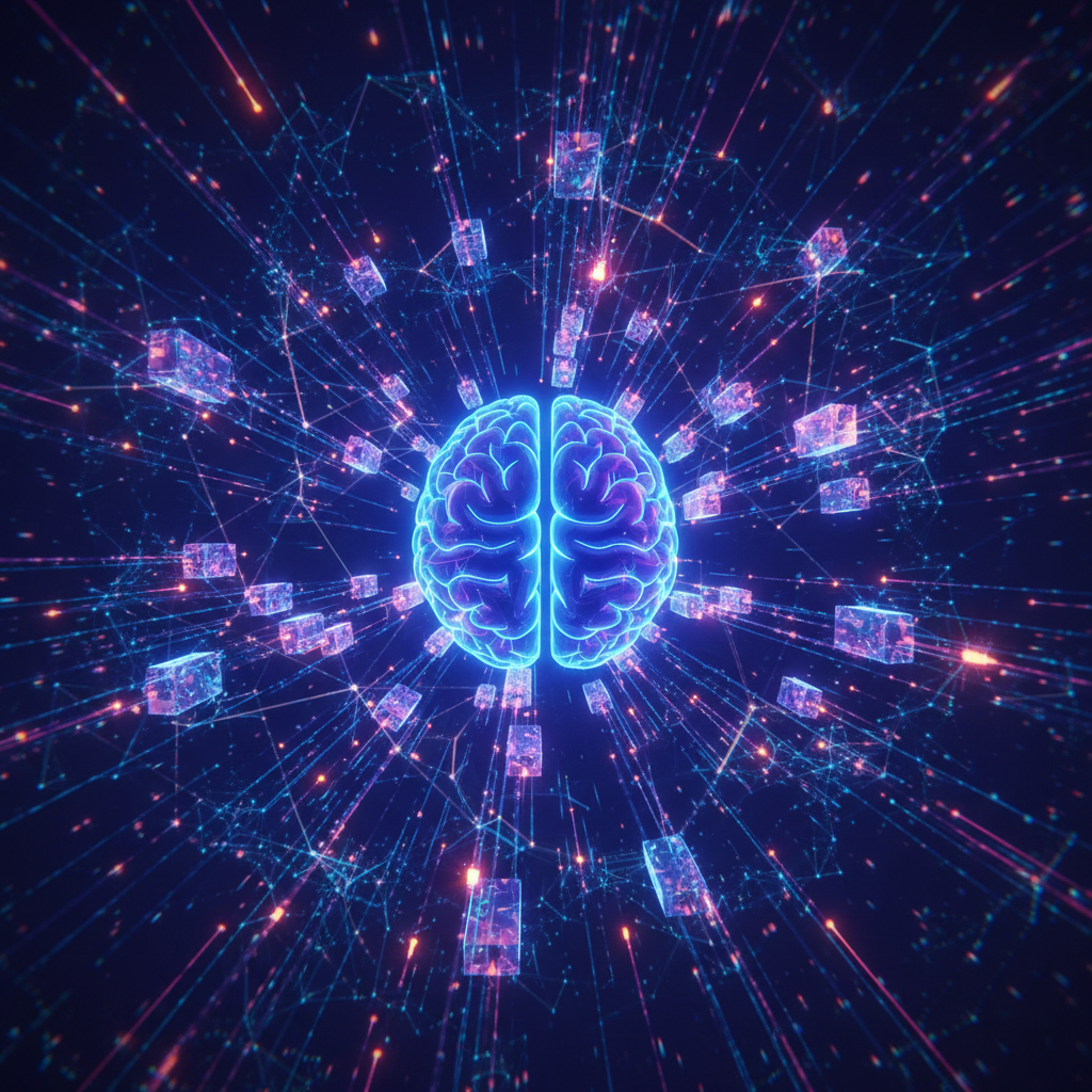 Representação abstrata de agentes de IA para SEO analisando dados em uma rede neural.