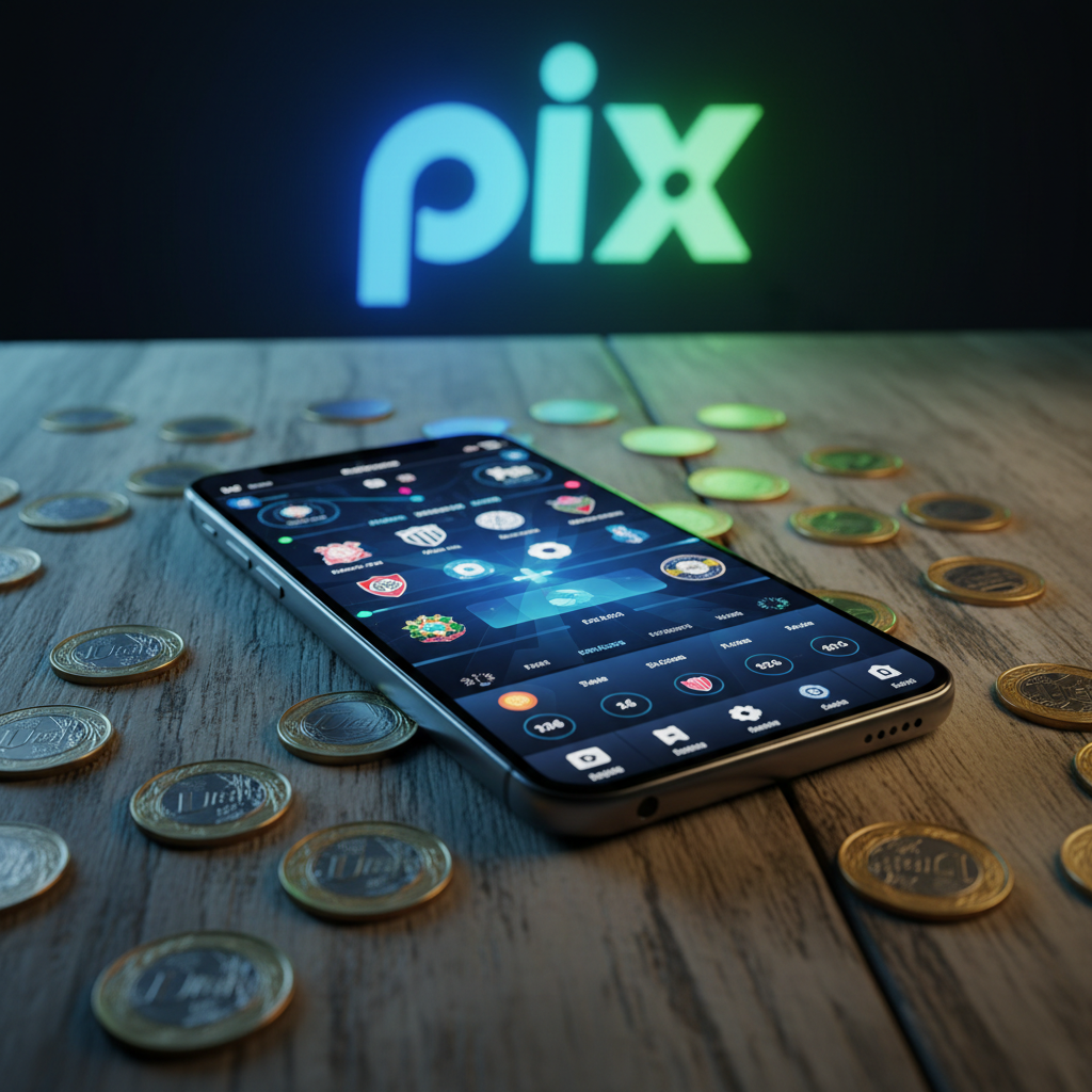 Smartphone exibindo um aplicativo de apostas com moedas de 1 real e o ícone do PIX ao fundo.