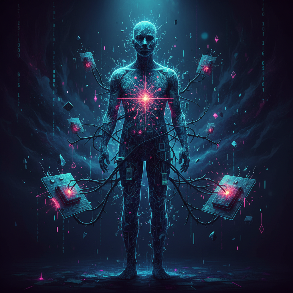 Ilustração de uma silhueta humana digital fragmentada, representando os processos sobre saúde mental e suicídio envolvendo o ChatGPT.