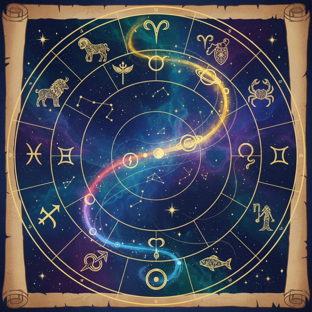 Representação mística de um mapa celestial com signos do zodíaco e alinhamentos planetários para horóscopo diário