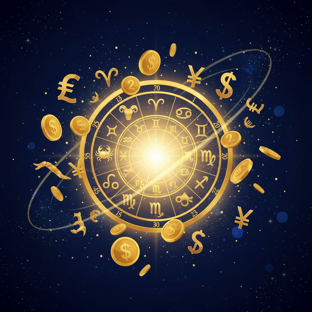 Representação artística da abundância financeira e símbolos astrológicos em dourado sobre fundo cósmico azul