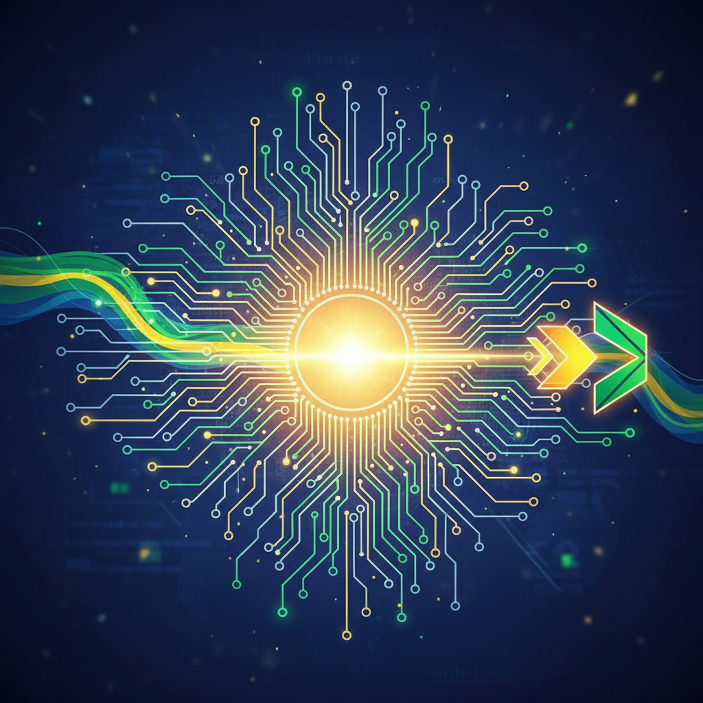 Ilustração abstrata de inteligência artificial recomendando uma empresa brasileira, com elementos de circuito e cores do Brasil.