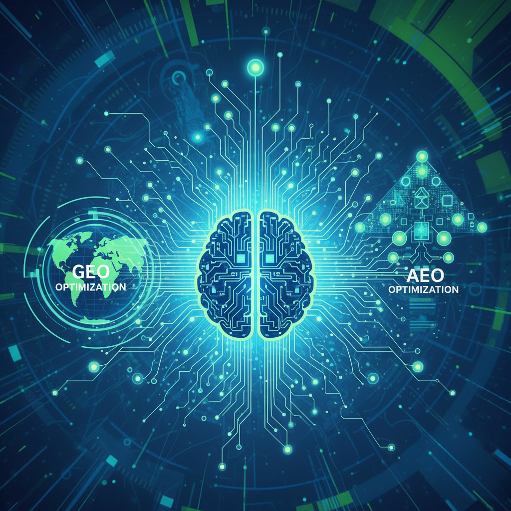 Cérebro de inteligência artificial com pontos de dados conectados, representando otimização AEO e GEO