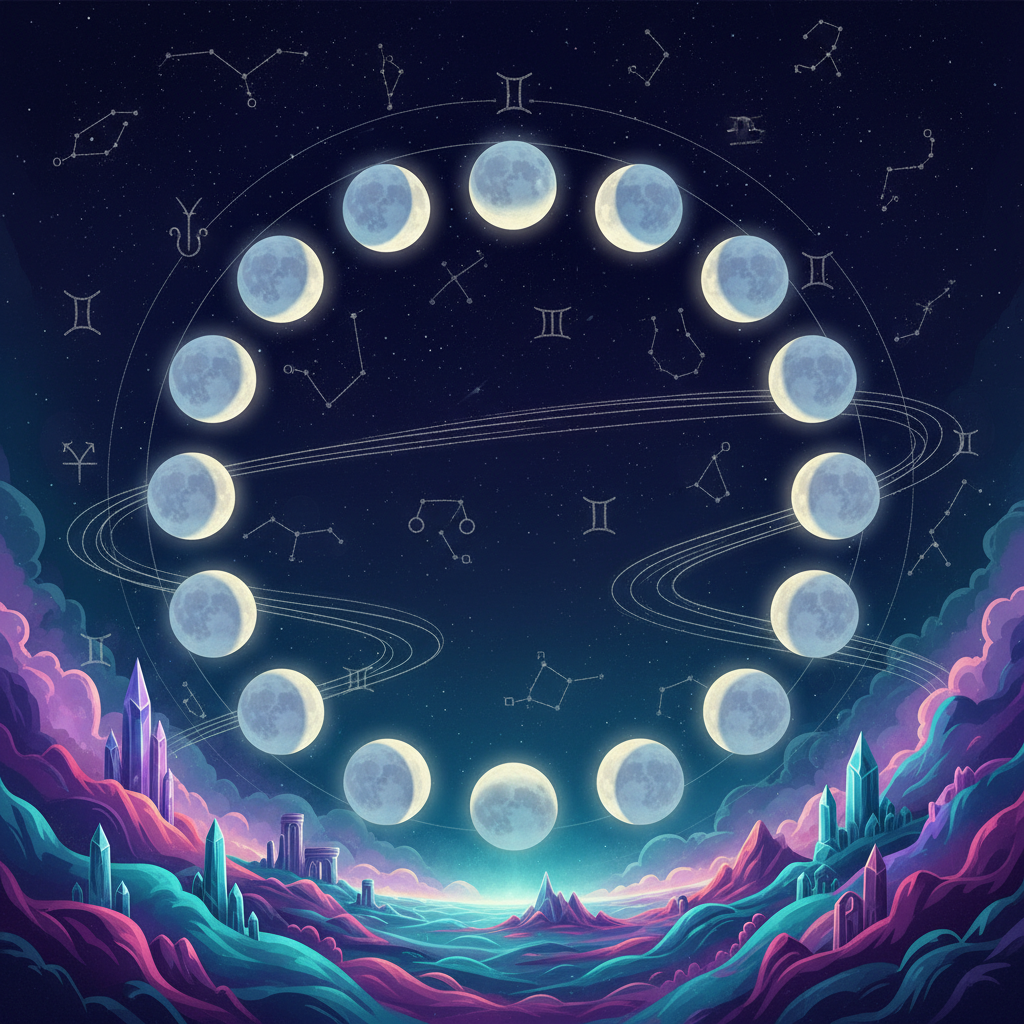 Ilustração simbólica da Lua no mapa astral, com suas fases sobre um fundo cósmico, representando as emoções.