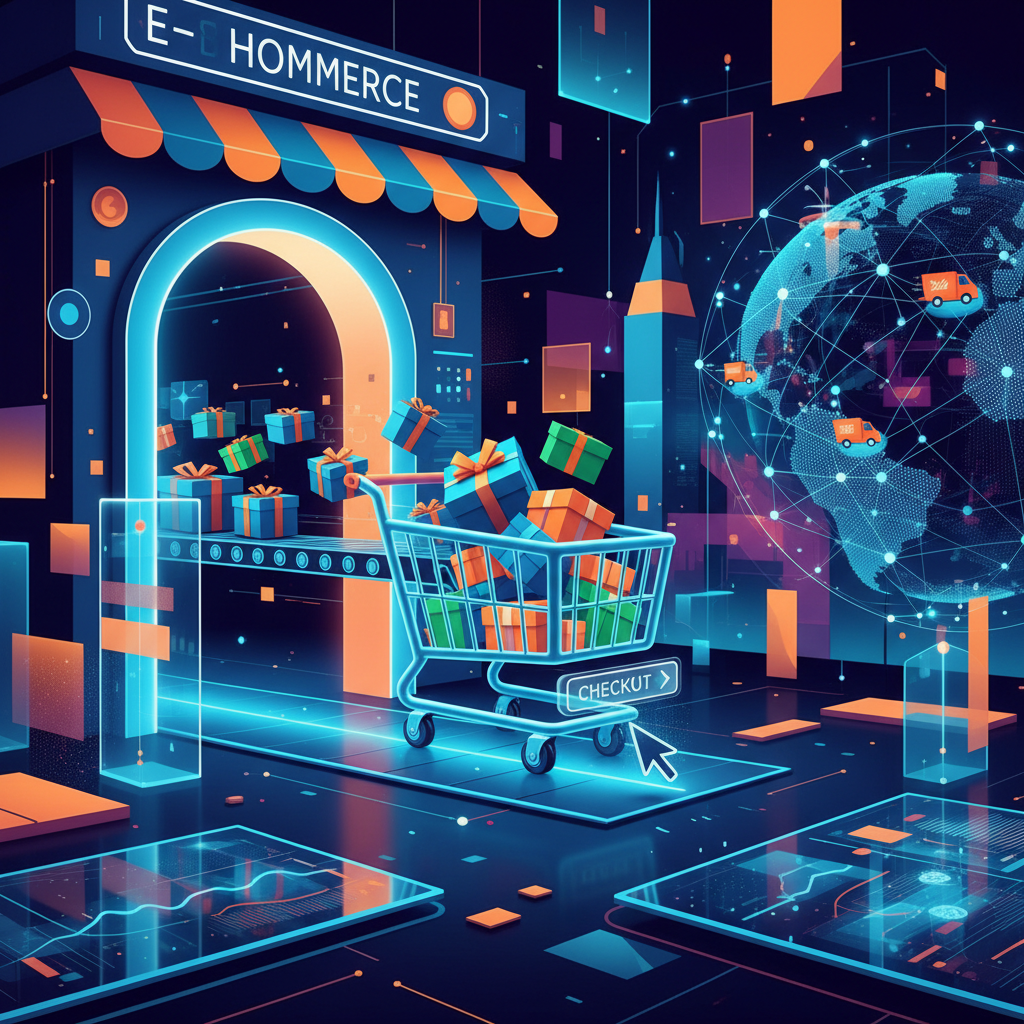 Ilustração de uma loja virtual e caixas de entrega simbolizando a logística do dropshipping.