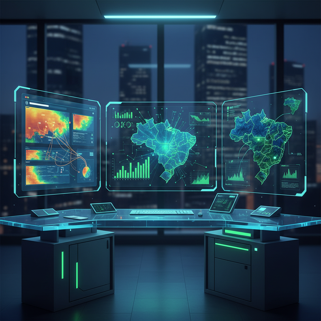 Ilustração de um ambiente de trabalho moderno com dashboard de métricas de blogs brasileiros de sucesso em 2026.