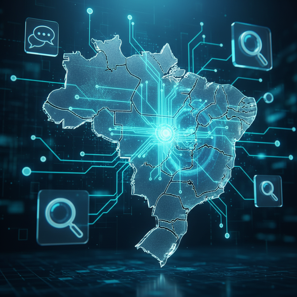 Infográfico mostrando a conexão entre o ChatGPT, logos de IA e o mapa do Brasil para representar AEO e GEO em 2026