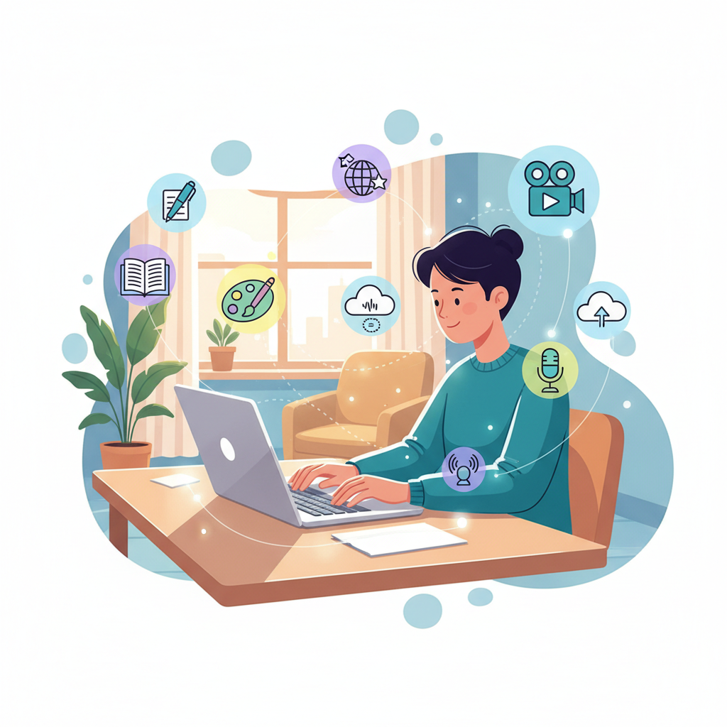 Pessoa trabalhando em laptop, com ilustrações de serviços freelance, buscando renda extra