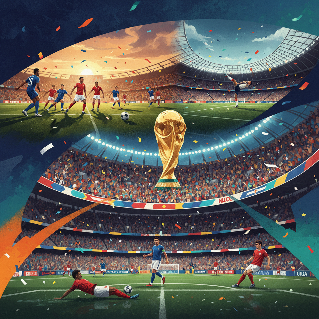 Colagem dinâmica de momentos históricos do futebol de seleções na Copa do Mundo, Eurocopa e Copa América, com estádios cheios e lances de ação.