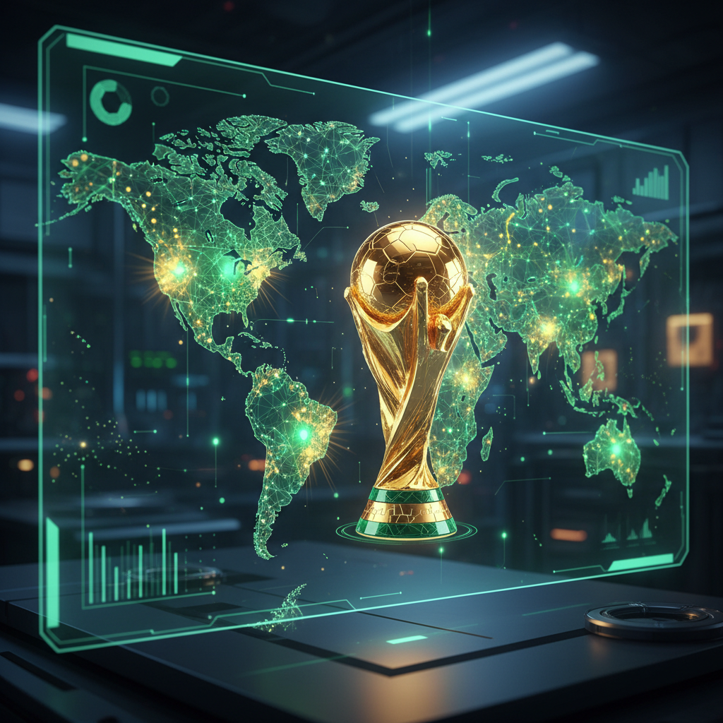 Gráfico digital de um supercomputador analisando a bandeira do Brasil e a taça da Copa do Mundo 2026