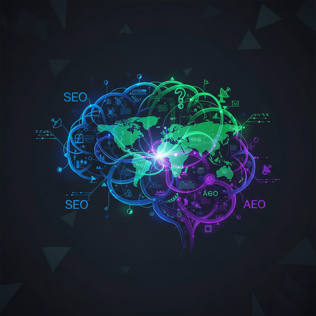 Diagrama conceitual representando a integração de SEO, GEO e AEO, pilares da estratégia da BlogAI.