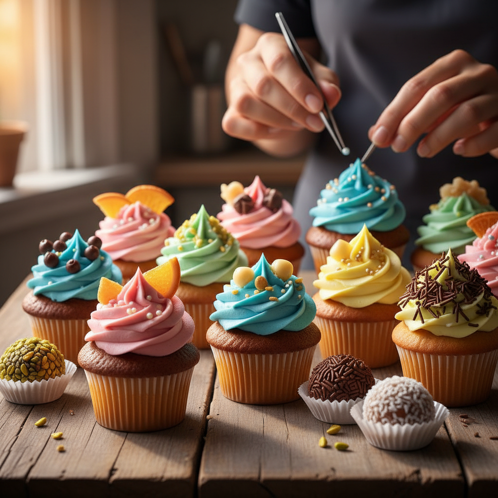 Mesa com doces artesanais coloridos, como cupcakes e brigadeiros, com mãos femininas decorando um doce ao fundo.
