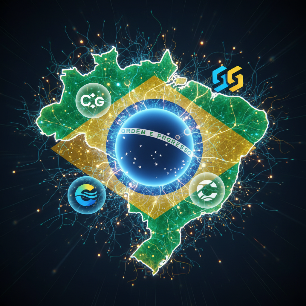 Ilustração abstrata de redes neurais interligadas com ícones de IAs, representando otimização para ferramentas de resposta e motores generativos no Brasil.
