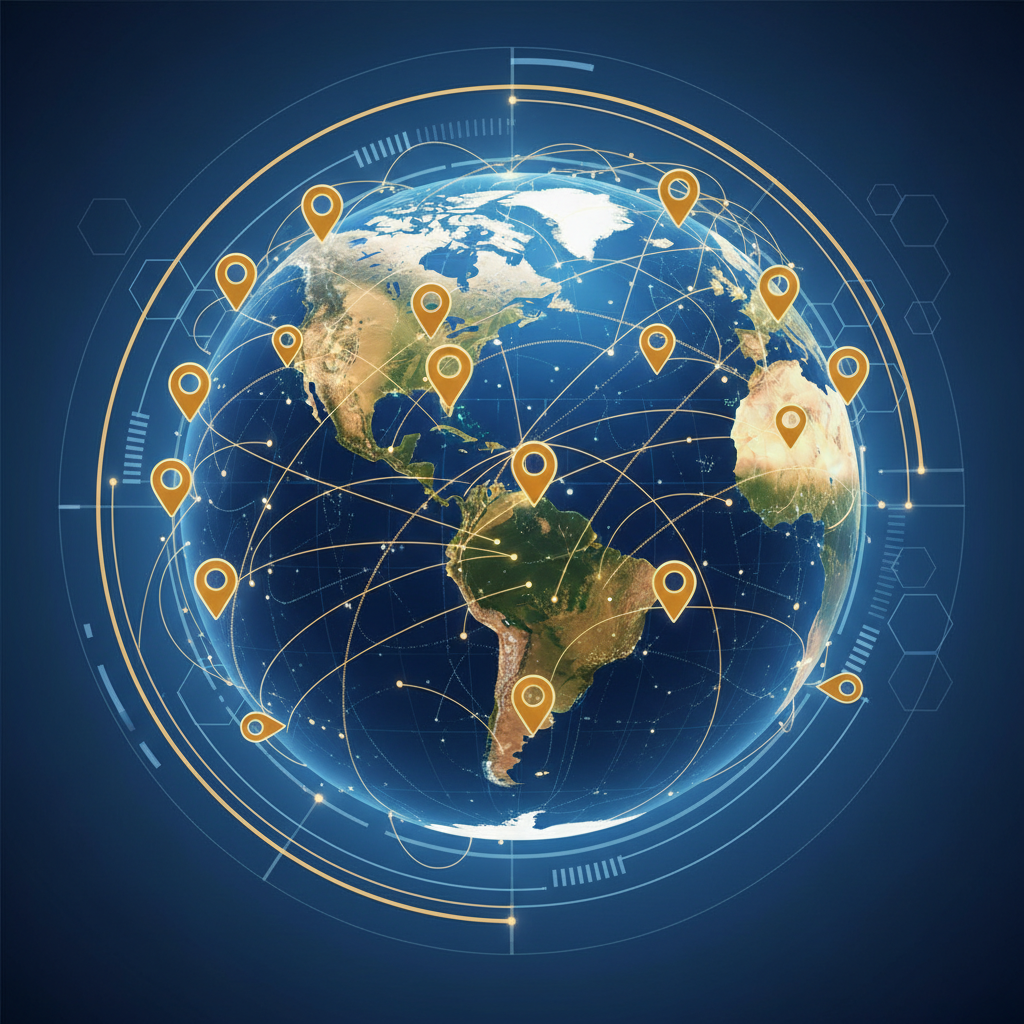 Ilustração de um mapa mundi conectado a ícones de pin de localização regional, representando SEO híbrido.