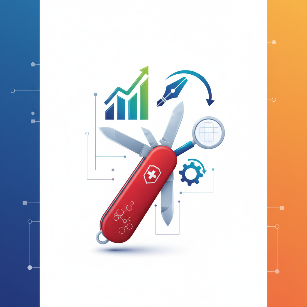 Framework de SEO 2026 para escolher as ferramentas certas, ilustrado por um canivete suíço com ícones de marketing digital.