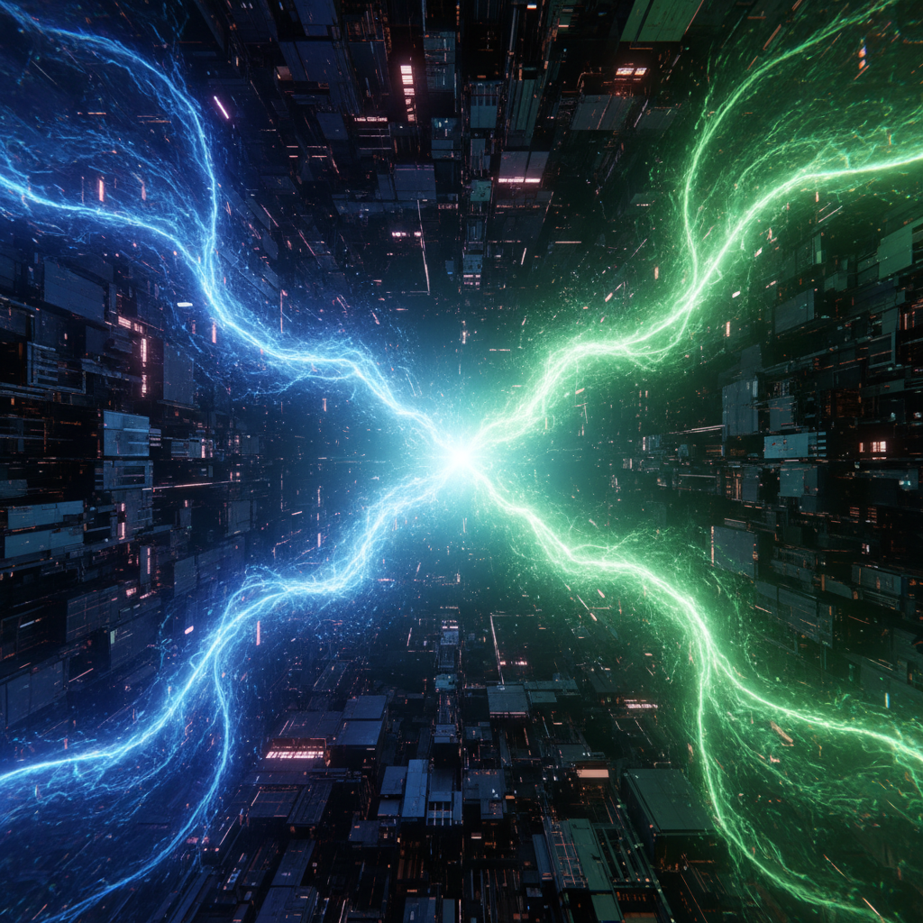 Símbolo abstrato do acordo entre Microsoft e OpenAI, mostrando a fusão de duas forças tecnológicas.