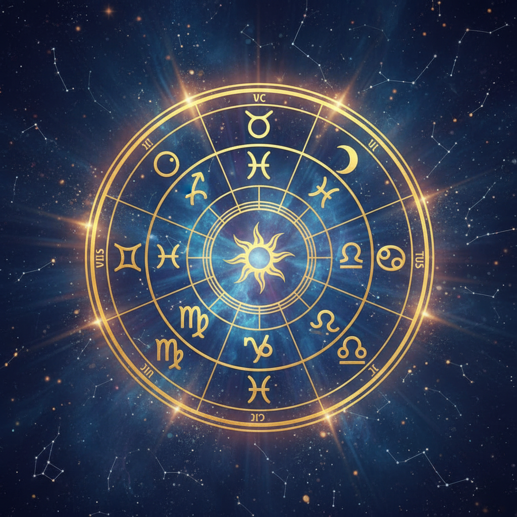 Ilustração detalhada de um mapa astral de nascimento com constelações e planetas sobre um fundo cósmico elegante