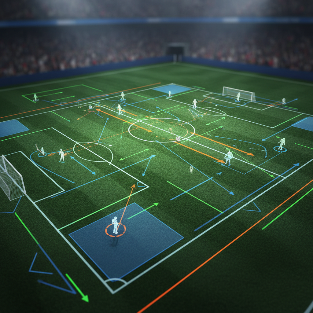 Campo de futebol com linhas gráficas que simulam handicap asiático, mostrando análise estratégica de apostas.