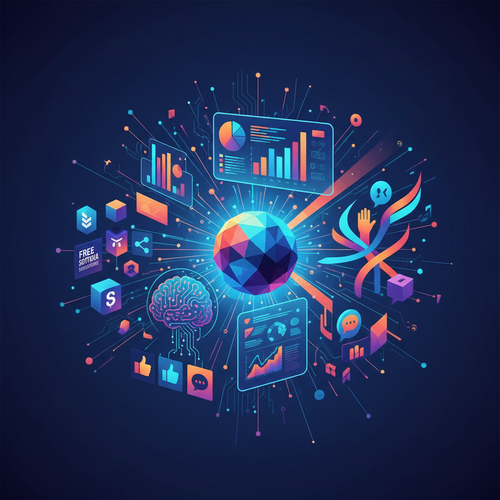 Ilustração de um conjunto de ferramentas digitais, painéis de análise, integração de IA e gráficos de marketing político para campanhas em 2026.