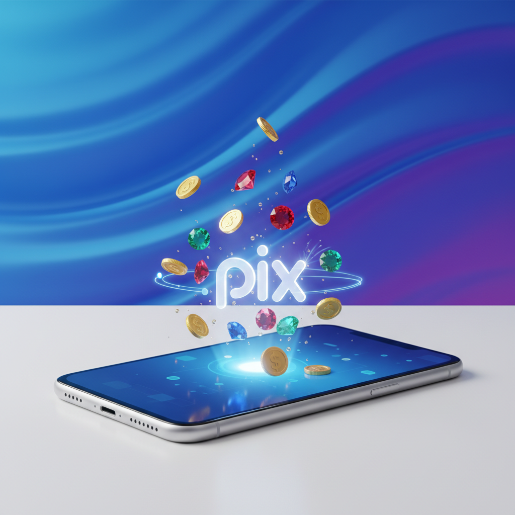 Ilustração de um smartphone exibindo moedas digitais e o logotipo do Pix, representando lucro com jogos.