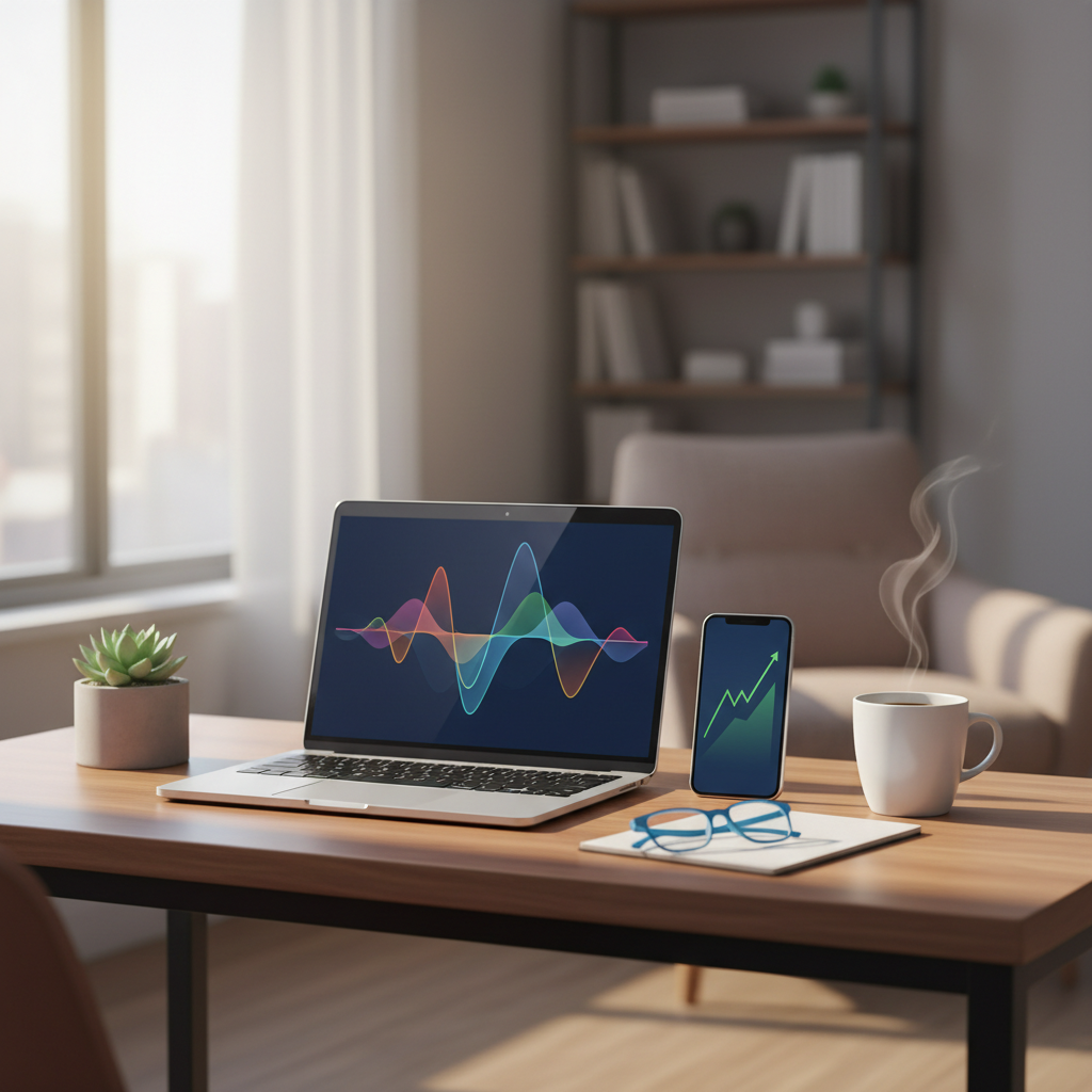 Ilustração de um ambiente de trabalho doméstico moderno com notebook, smartphone e elementos que simbolizam crescimento financeiro digital.
