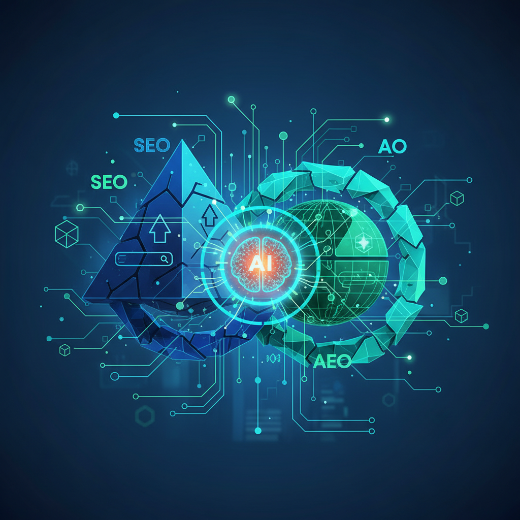 Ilustração abstrata dos conceitos SEO, GEO e AEO interligados, com a plataforma BlogAI no centro da estratégia de busca em 2026.